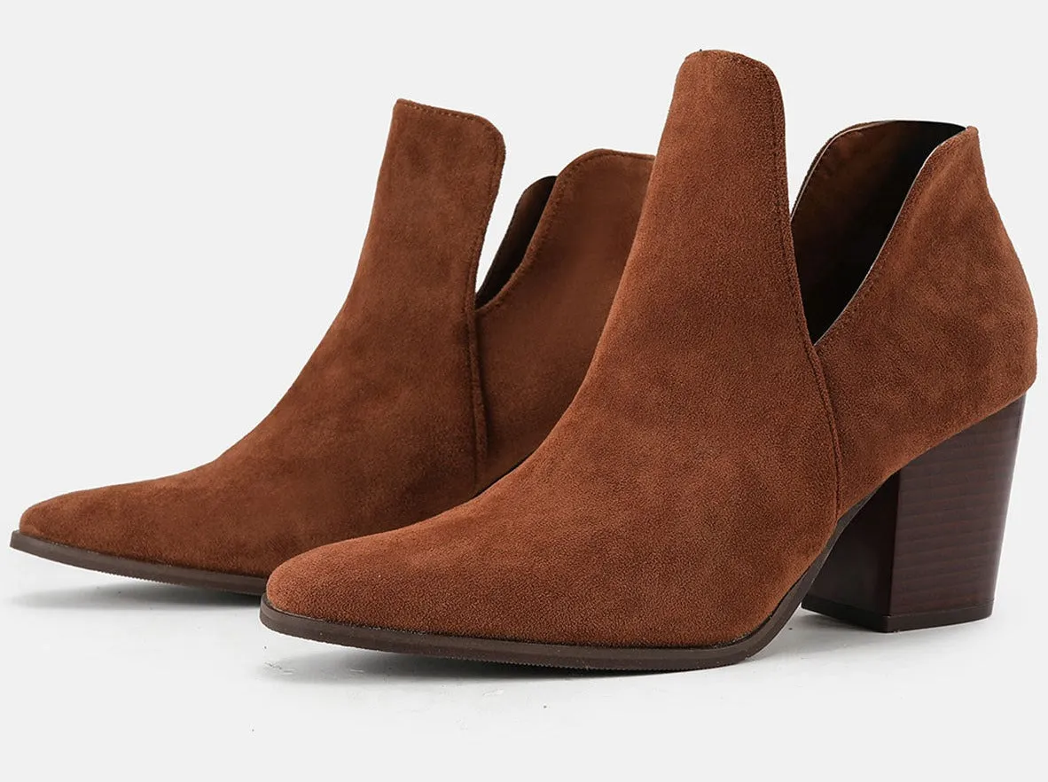 Slip on Cutout Pointed Toe Chunky Stacked Ankle Boot Chunky Heeled Boots