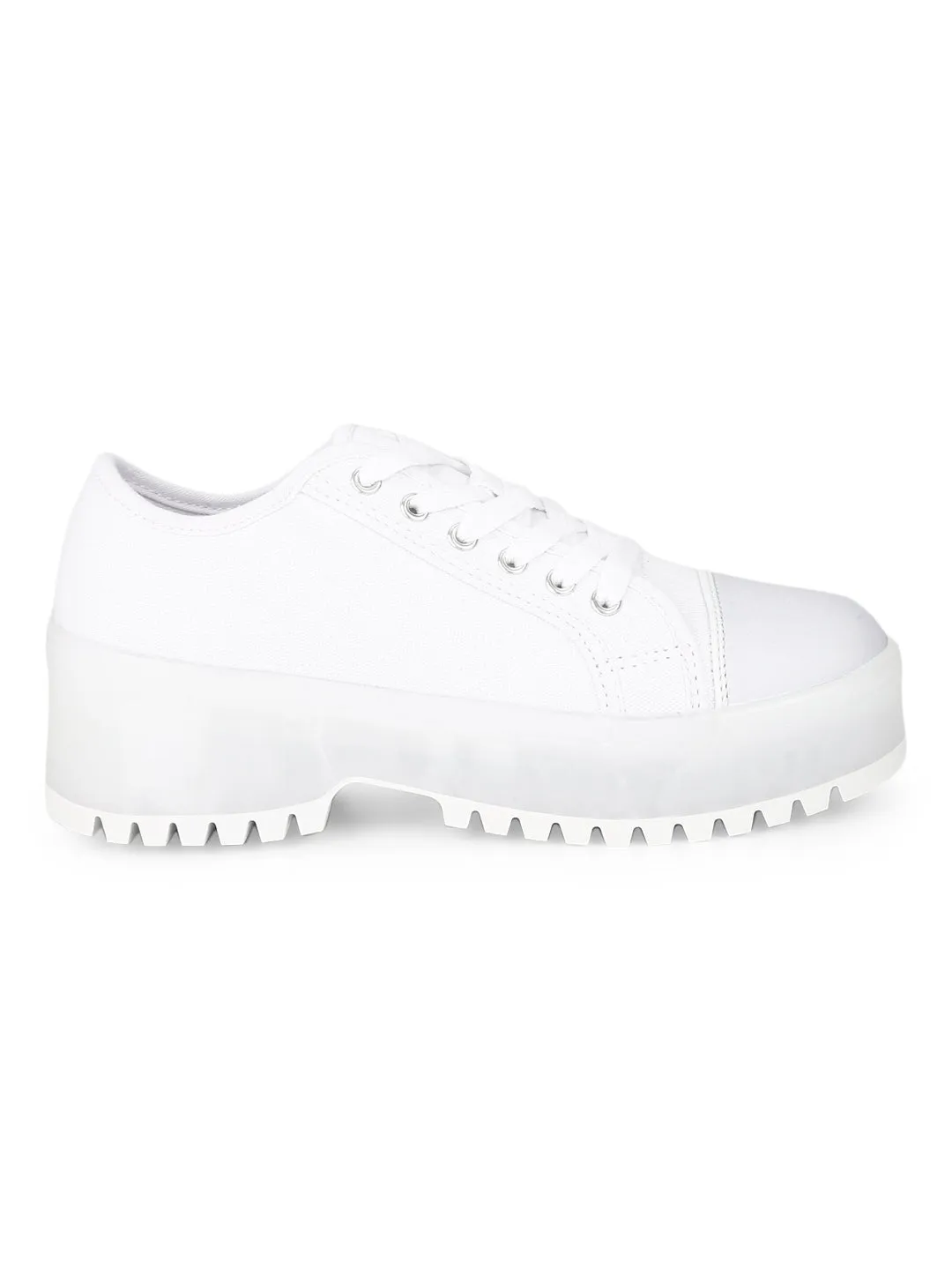 White Canvas Lace Up Low Heel Shoes