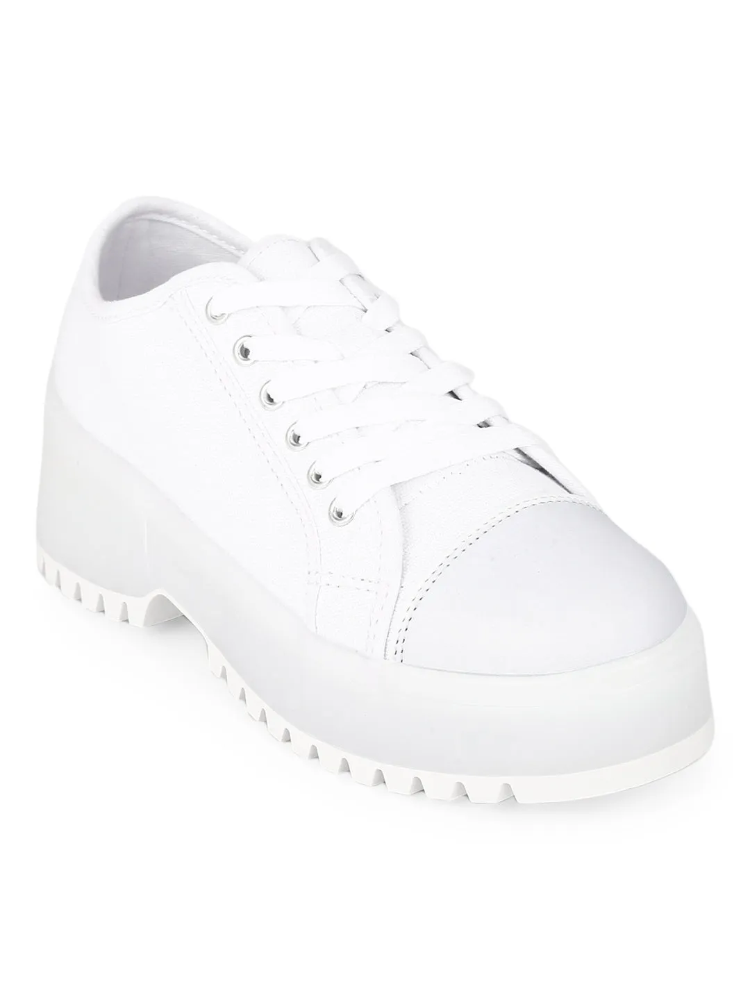 White Canvas Lace Up Low Heel Shoes