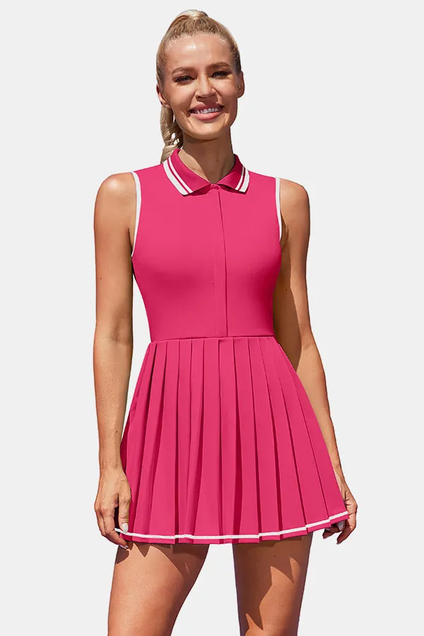 Women Tennis Polo Dresses Ribbed Half Zip Pleated Pink Golf Workout Dress with Built in Shorts and Bra