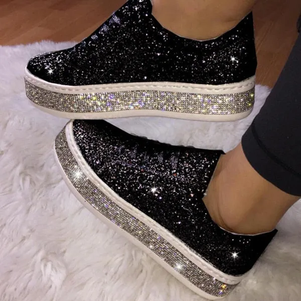 Women's glitter sneakers lace-up rhinestone shiny casual shoes platform sneakers